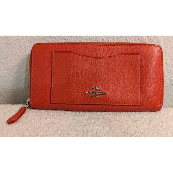 COACH F54007 Crossgrain Accordion Zip Around Leather Wallet Watermelon Orange - Picture 1 of 14